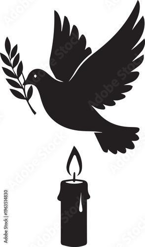 Peace dove with olive branch and candle silhouette illustration vector