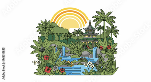 Lush jungle oasis with cascading waterfalls and pagoda