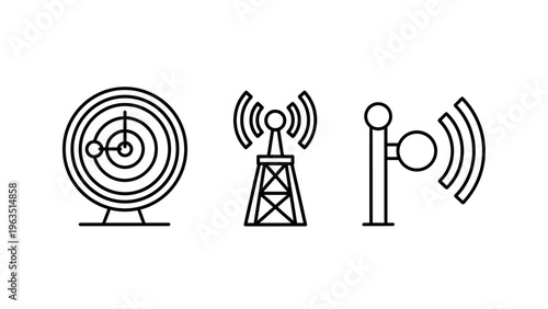 Communication technology icons: radar, radio tower, and signal transmission for network and wireless signals