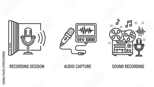 Audio recording icons: microphone in studio, portable mic with waveform, and reel-to-reel player for sound production