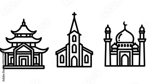 Religious building icons: asian pagoda, christian church, and islamic mosque representing diverse faiths and places of worship