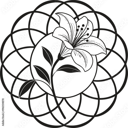 Black and white floral vector illustration with leaves and decorative elements