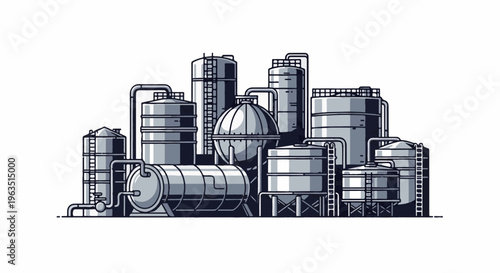 Industrial plant with storage tanks and piping system in monochrome