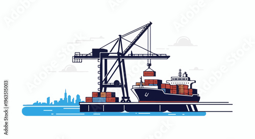 Industrial shipping port with cargo ship and crane loading containers