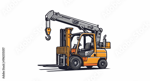 Industrial vehicle with lifting crane and forks, isolated on white background