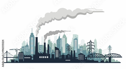 Industrial skyline with pollution, cityscape, factories, and bridges