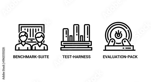 Business evaluation icons: benchmark suite, test harness, and evaluation pack charts, symbolizing performance testing, assessment, and review processes