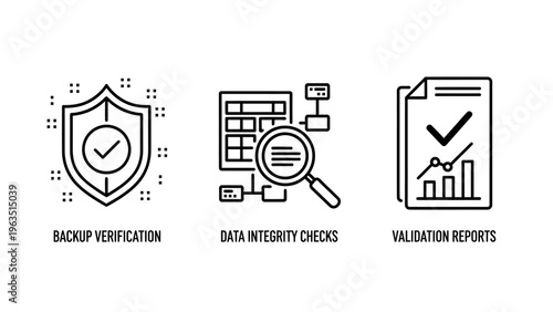 Data management icons: backup verification shield, data integrity magnifying glass, and validation report chart, symbolizing data protection, analysis, and reporting