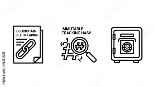 Blockchain and security icons: immutable bill of lading, hash tracking with magnifying glass, and secure vault, representing digital ledger, data security, and asset protection