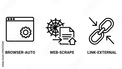 Web scraping, browser automation, and external link icons represent data collection, online research, and digital connectivity concepts, automation icon