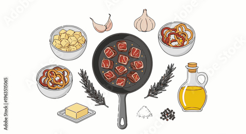 Ingredients and raw meat arranged around a frying pan for cooking