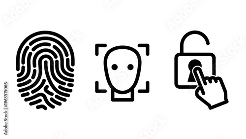 Biometric security icons: fingerprint, facial recognition scan, and unlock symbol with hand, representing identity verification, access control, and authentication methods