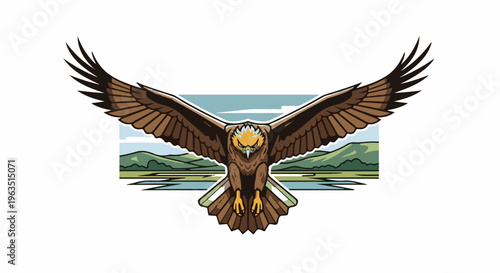 Majestic eagle with wings spread wide soars over a serene landscape