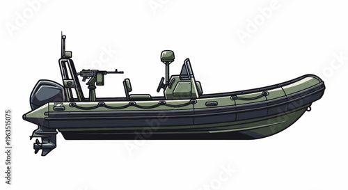Military inflatable boat with machine gun and motor