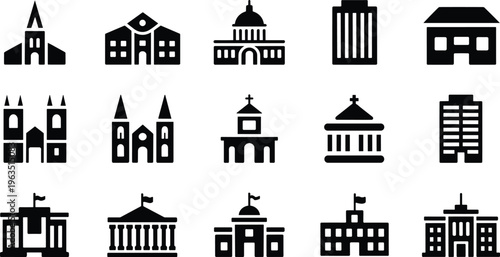 Government, religious and city building icons set including church, capitol, courthouse, school, office and civic architecture symbols, solid vector collection