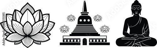 Black and white Buddhist illustration with lotus flower, pagoda temple, seated Buddha meditation posture, spiritual enlightenment artwork, mindfulness peace design