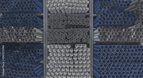 Industrial storage rack filled with stacks of cylindrical pipes