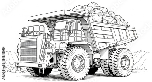 Detailed Line Art of a Heavy-Duty Mining Dump Truck.