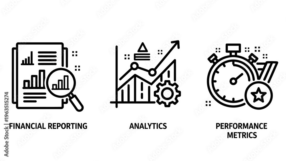 Naklejka premium Icons symbolizing financial reporting, data analytics, and performance metrics: document with charts, graph with arrow, and stopwatch with medal, representing business performance and evaluation