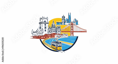 Iconic city skyline with historic tower, bridges, churches, and tram