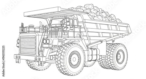 Detailed Line Art of a Heavy-Duty Mining Dump Truck.