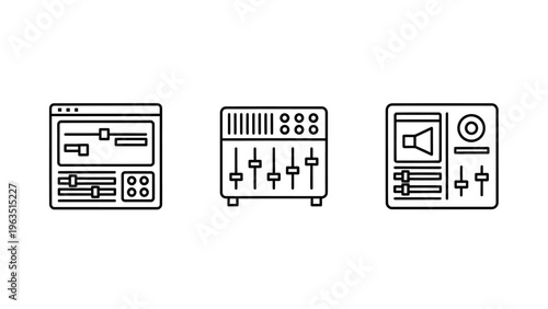 Collection of icons representing audio and editing controls: slider interface, sound mixing board, and volume control panel, for music production and multimedia editing