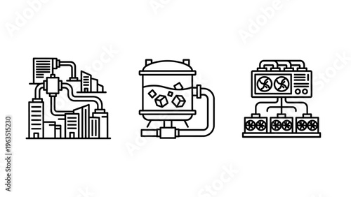 Set of icons illustrating industrial processes: power plant with pipes, tank with ice cubes, and cooling fans with circuits, representing energy, industry, and cooling systems