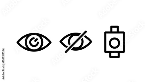 Icons representing vision, perception, and settings: eye symbol, crossed-out eye symbol, and a toggle switch, indicating visibility, privacy, and control options in user interfaces