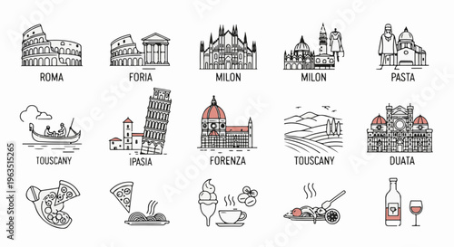 Iconic Italian landmarks, food, and scenes depicted in a clean outline style