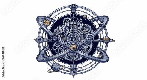 Intricate celestial orrery with zodiac symbols and planets