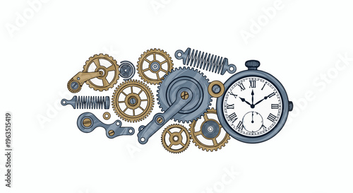 Intricate clockwork mechanism with gears, springs, and a pocket watch