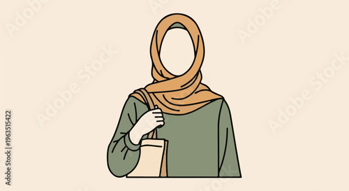 Minimalist illustration of a person wearing a hijab and carrying a tote bag