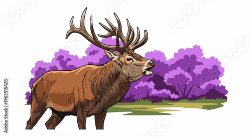 Majestic stag with large antlers stands in a clearing with purple trees