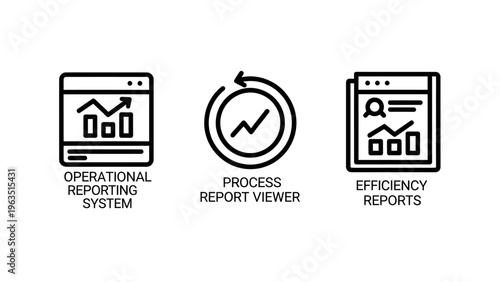 Icons for operational reporting system, process report viewer, and efficiency reports illustrating data analysis and business metrics, business intelligence