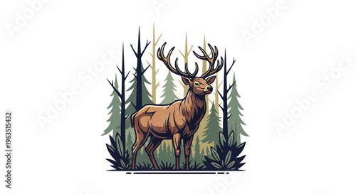 Majestic stag with large antlers stands proudly in a serene forest setting
