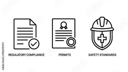 Icons for regulatory compliance, permits, and safety standards symbolizing business regulations, legal approvals, and workplace safety