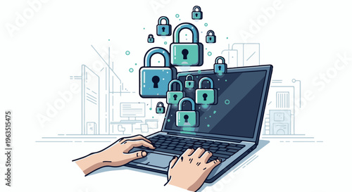 Hands typing on laptop with digital locks emerging from screen