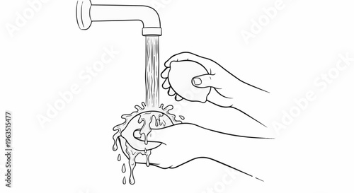 Hands washing a round fruit under running water from a faucet