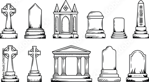 Gravestone and tomb vector illustration set, cemetery monuments with crosses, headstones and mausoleum, vintage engraving style collection for halloween, memorial and funeral design