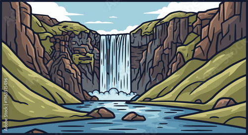 Majestic waterfall cascades down rocky cliffs into a serene blue river