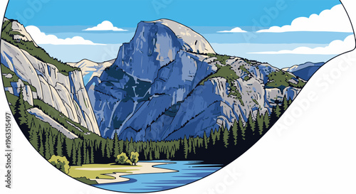 Majestic granite cliff face overlooks a tranquil river and pine forest