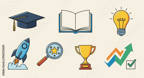 Icons representing education, innovation, achievement, and growth