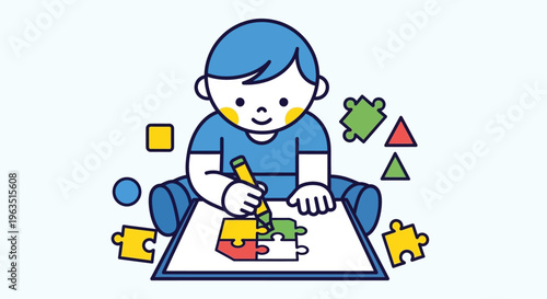 A young boy playing with puzzle pieces.