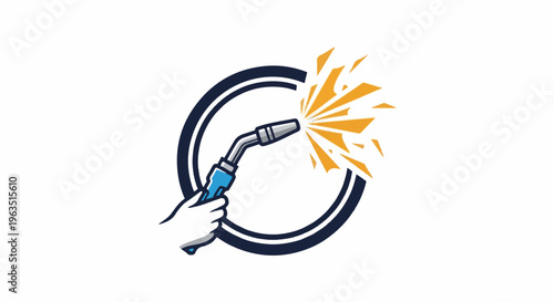 Hand holding welding torch emitting sparks within a circular frame