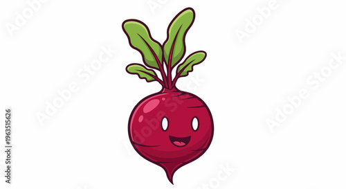 Happy cartoon beetroot with green leaves and a smiling face