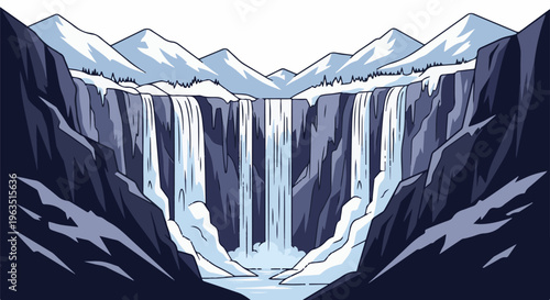 Majestic waterfall cascades over icy cliffs with snow-capped mountains