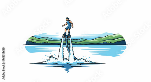 Man on flyboard spraying water amidst a scenic lake and hills landscape