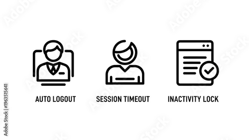 User account icons: auto logout, session timeout, and inactivity lock. simple line graphics for web security and user management interfaces