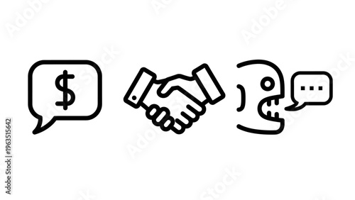 Business transaction icons: dollar sign speech bubble, handshake, and person talking. concepts for finance, negotiation, sales, and communication