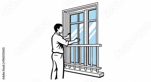 Man adjusting a window pane on a balcony railing